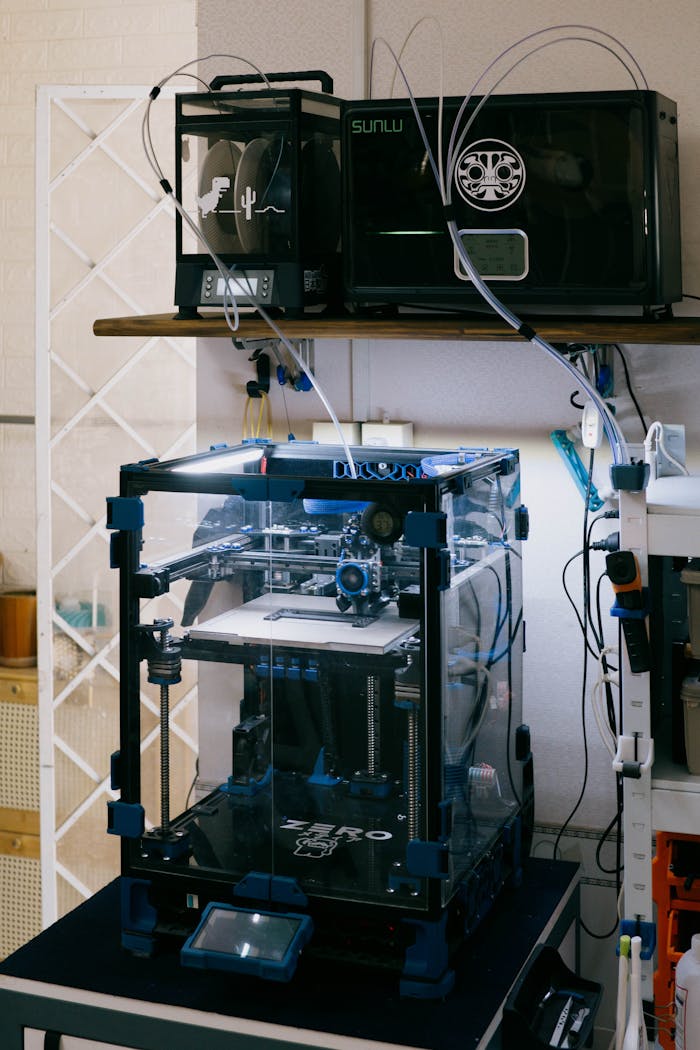 A modern 3D printer setup in a technology workshop with various tools and devices.